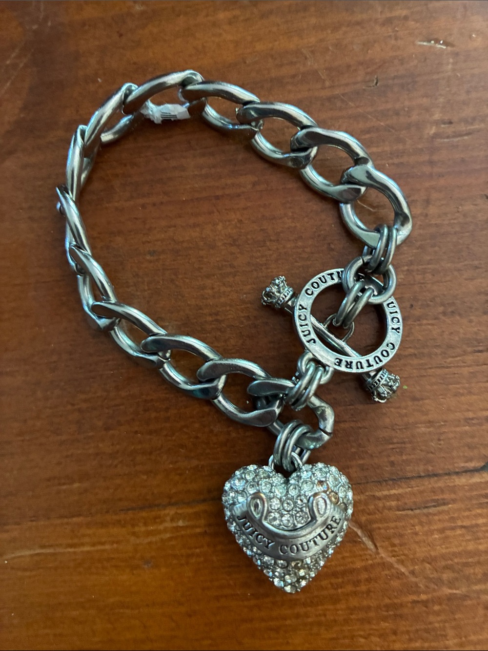 Juicy Couture Silver Crystal Heart Charm Toggle Bracelet